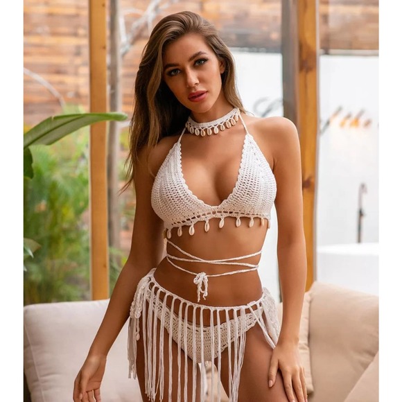 Apricot SEXY Seashell Crochet Wrap Around Waist & Neck Tie TOP ONLY NEW!π - Picture 5 of 13